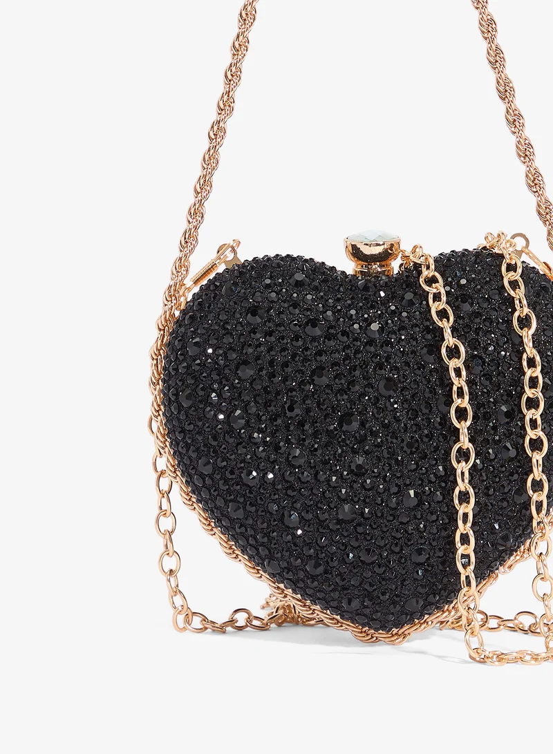 Khizana Black Rhinestone Jewel Embellished Heart Shape Detail Statement Clutch for Women | Best Price UAE